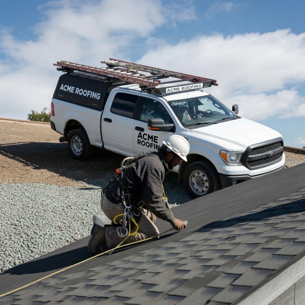 A roofer standing next to his Acme Roofers work truck